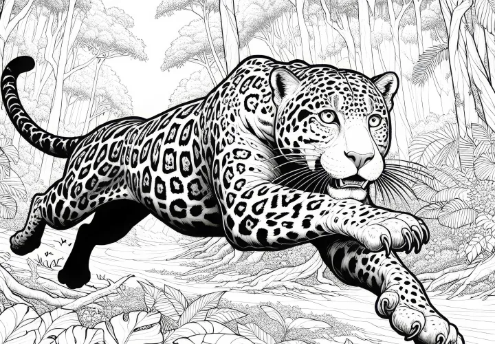 Ягуар в тропическом лесу: Раскраска для скачивания (Бесплатно)