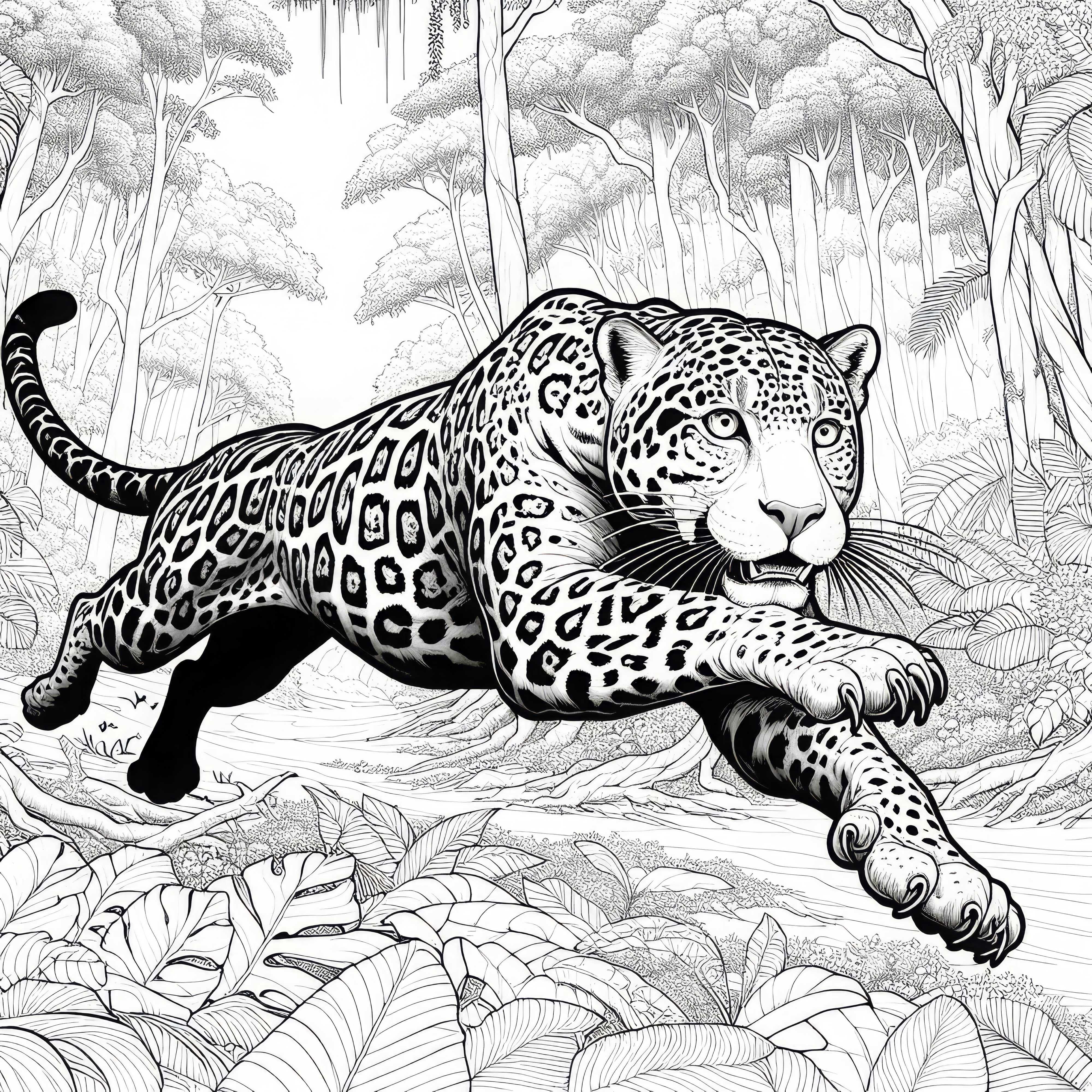 ジャガーが熱帯雨林を猛烈な速さで駆け抜ける - 塗り絵 ジャガーが熱帯雨林を猛スピードで駆け抜ける – 塗り絵