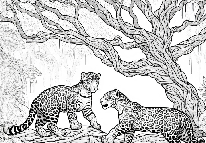 Jaguáři si spolu hrají: Omalovánka jako malovací šablona (zdarma)