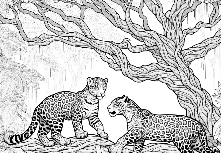 Ягуары играют друг с другом: Раскраска в качестве раскраски (Бесплатно)