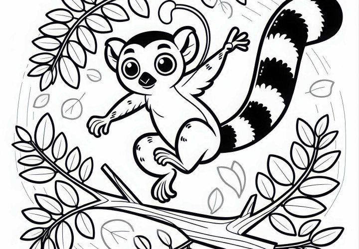 Ring-tailed lemur jumps from one branch to another with outstretched arms – coloring page