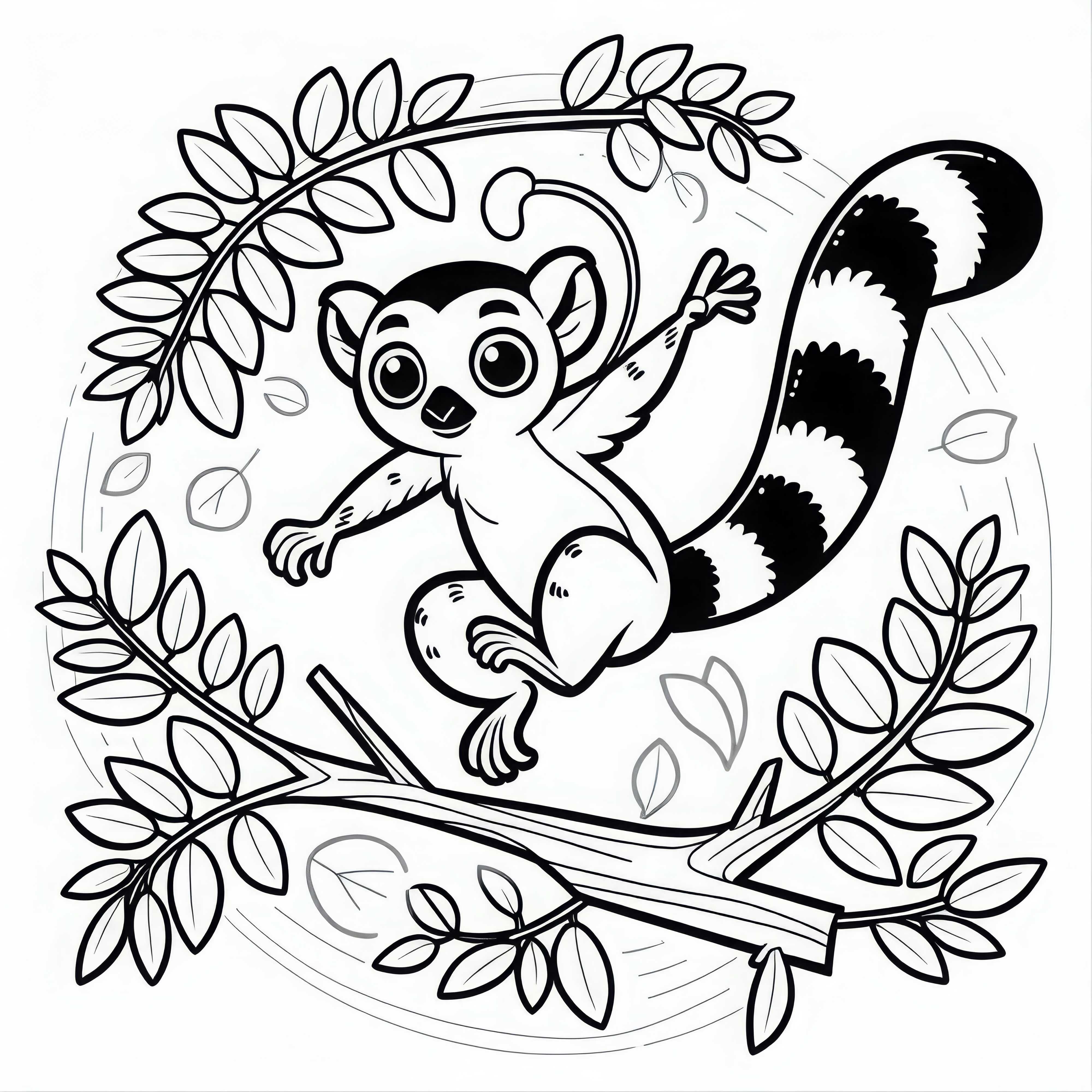 Ring-tailed lemur jumps from one branch to another with outstretched arms – coloring page Ring-tailed lemur jumps from one branch to another with outstretched arms - coloring page