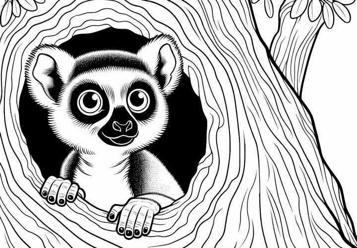 Curious lemur peeking out from a tree trunk - Free coloring page