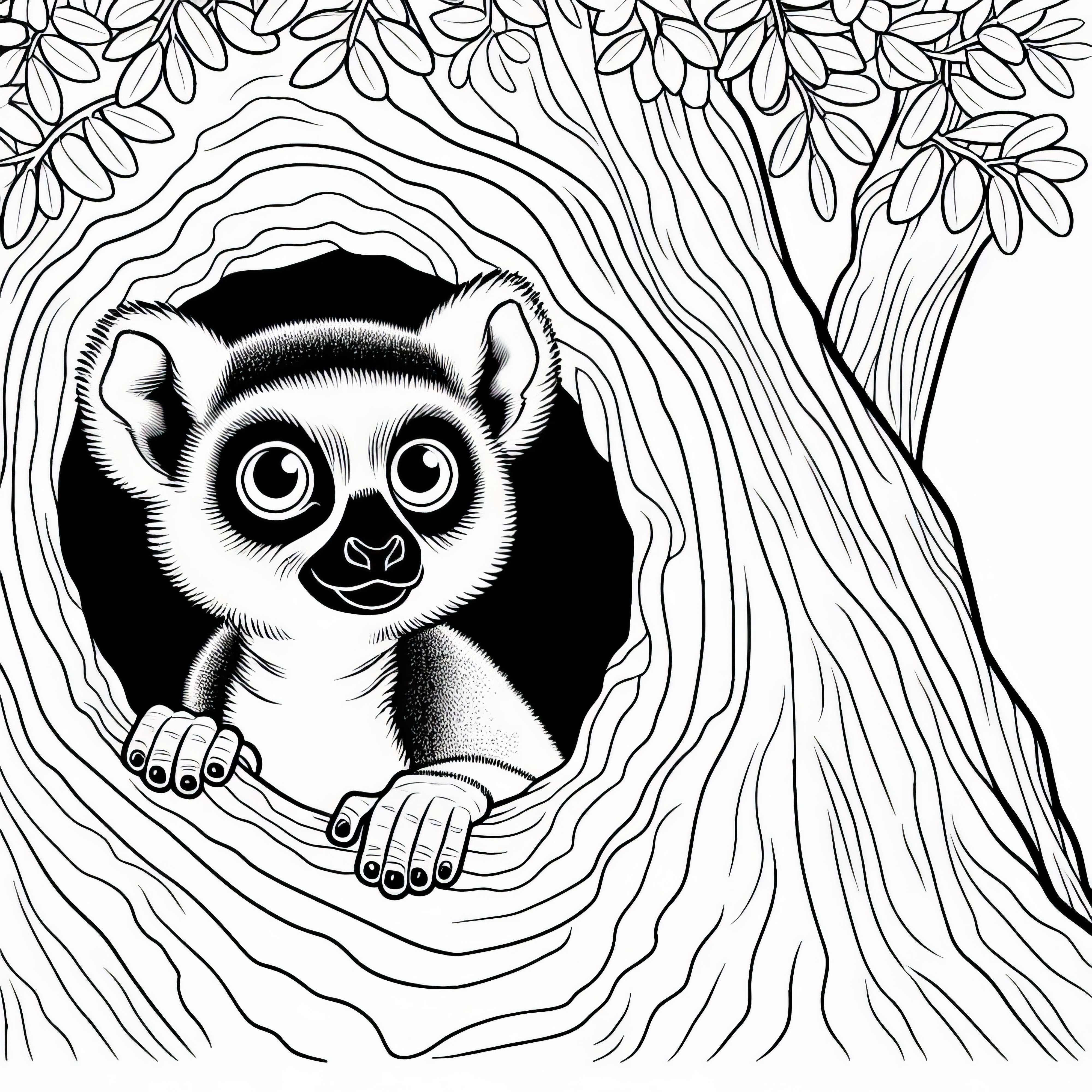 Curious lemur peeks out from tree trunk - Free coloring page Curious lemur peeks out from tree trunk - Free coloring page