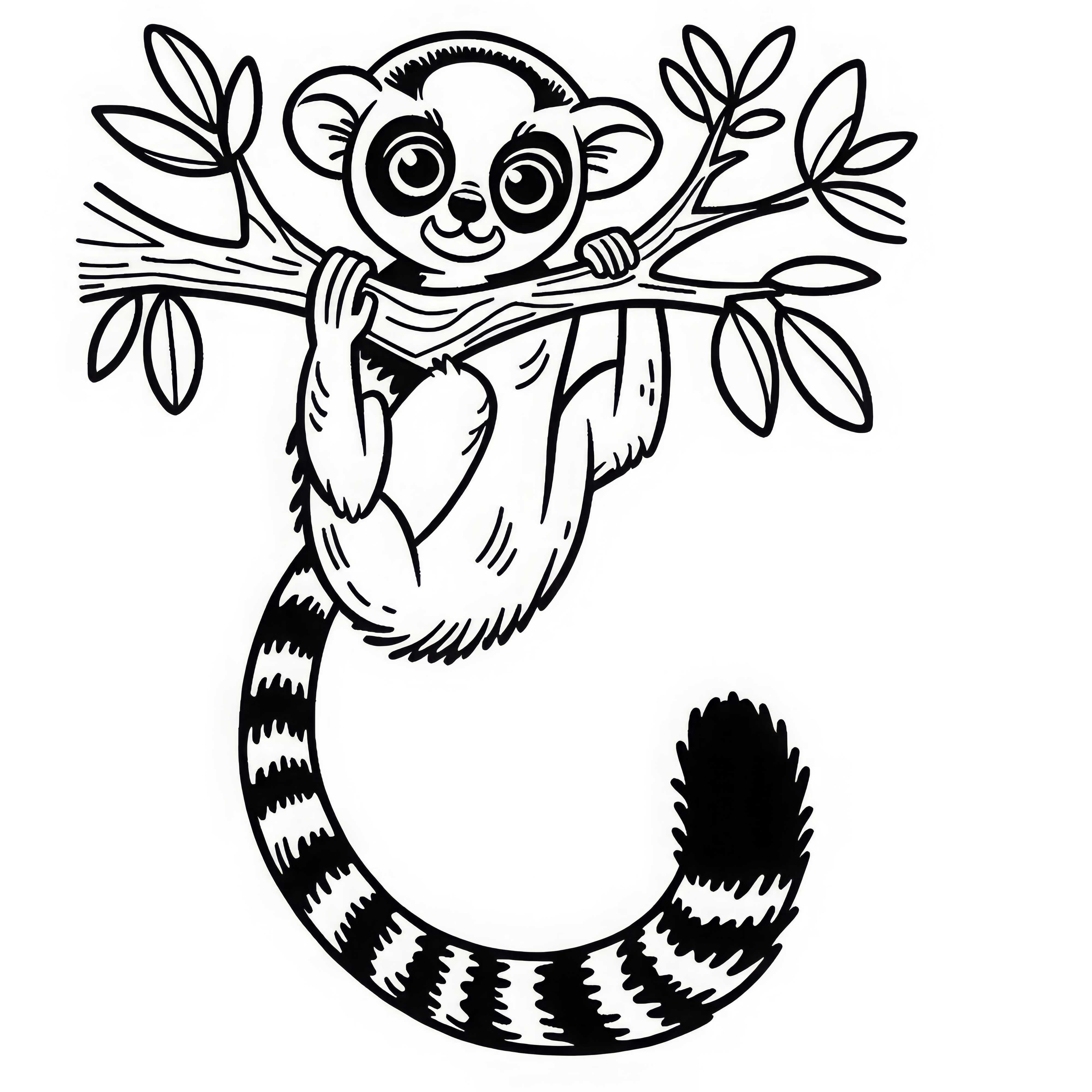 Lemur hanging on a branch - Free coloring template Lemur hanging on a branch - free coloring page