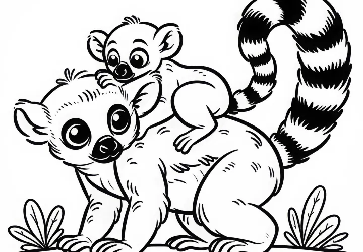 Лемуренок крепко держится за спину своей матери – бесплатно раскраска