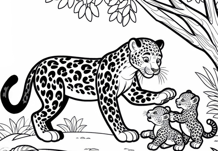 La leopardina juega con sus crías bajo un árbol: Imagen para colorear gratuita La leopardina juega con sus crías bajo un árbol: Imagen para colorear gratuita