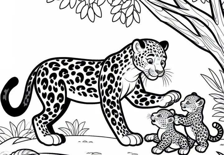 Леопардиха играет со своими детенышами под деревом: Бесплатная раскраска