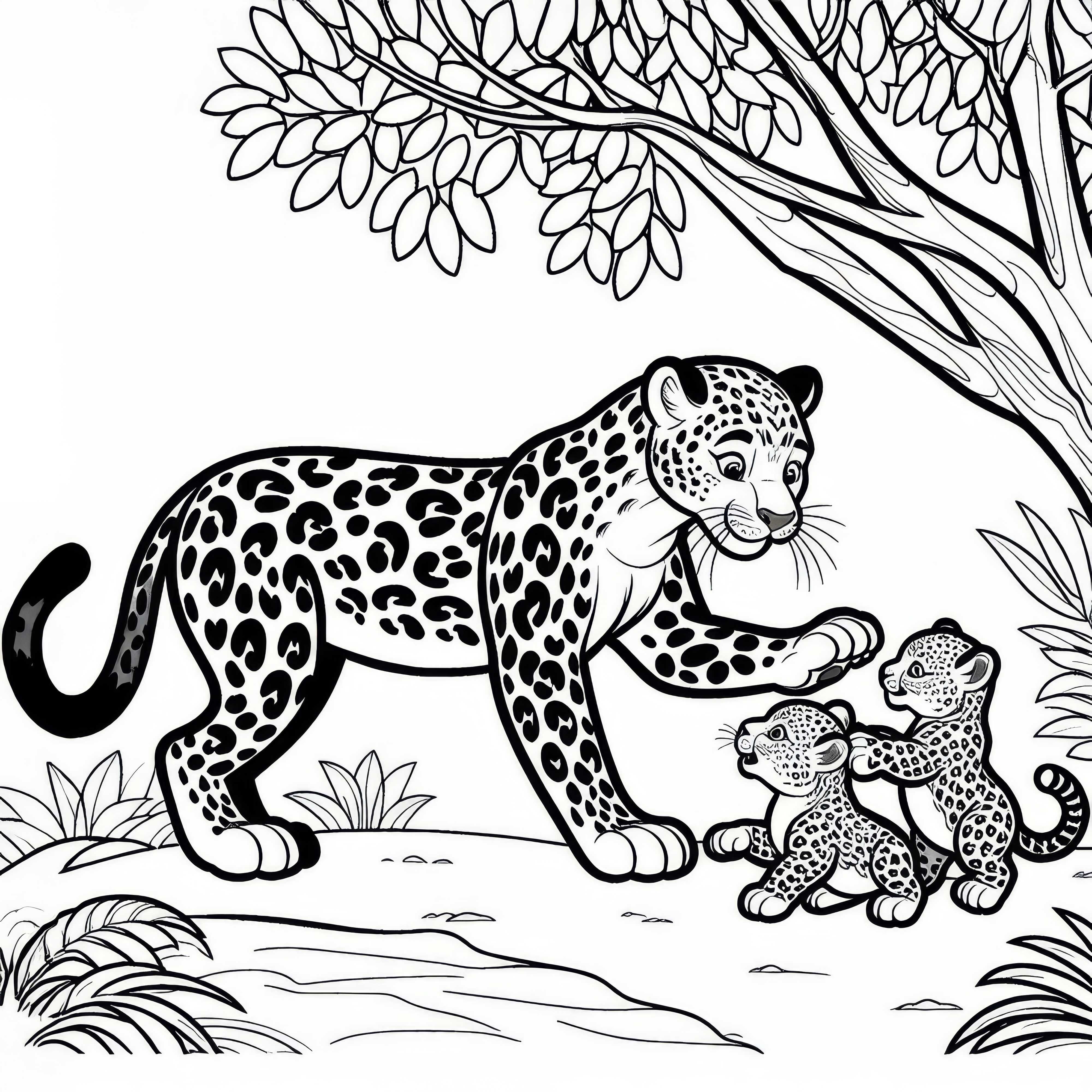 La leopardina juega con sus crías bajo un árbol: Imagen para colorear gratuita