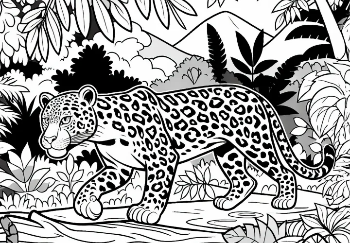 Леопард крадется через густые джунгли: Раскраска для загрузки (Бесплатно)