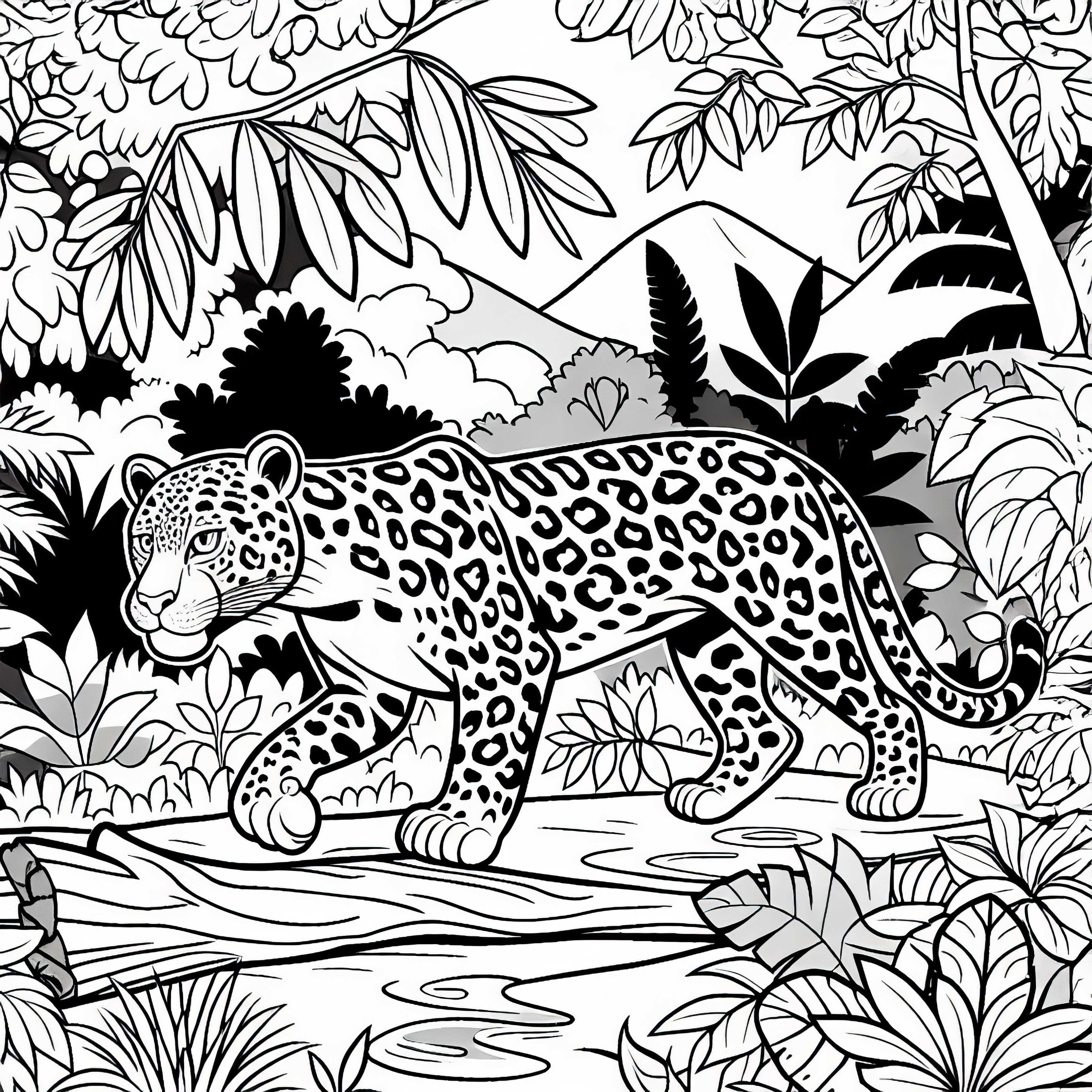 Leopardo se desliza a través de la densa jungla: Imagen para colorear para descargar (Gratis)