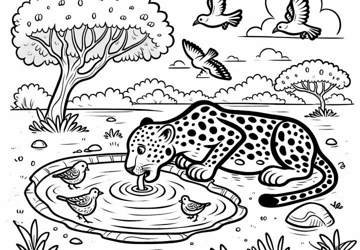 Leopardo bebiendo en el charco: Imagen para colorear gratuita Leopardo bebiendo en un pozo de agua: Dibujo para colorear gratis