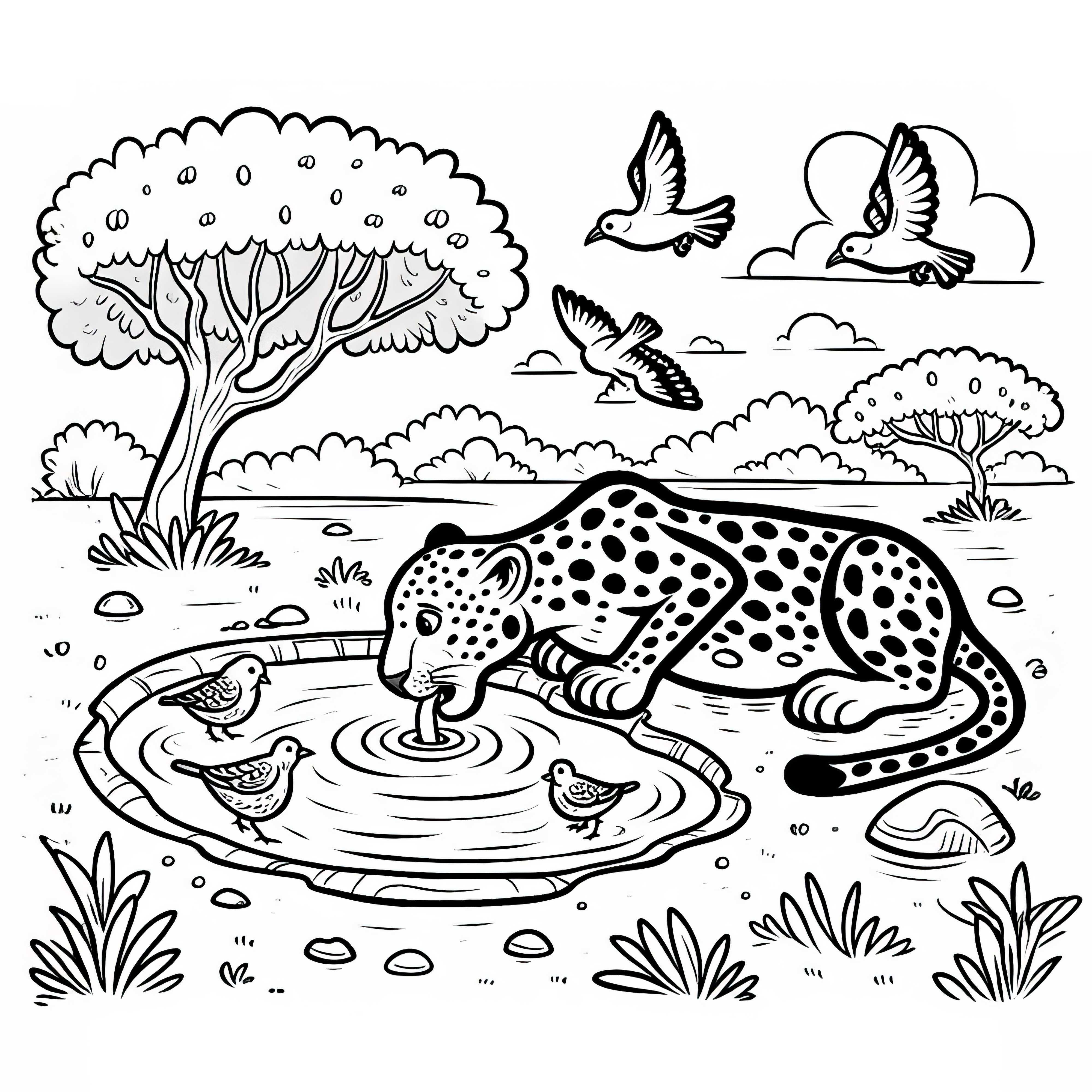 Leopardo bebe en el charco: Imagen para colorear gratuita