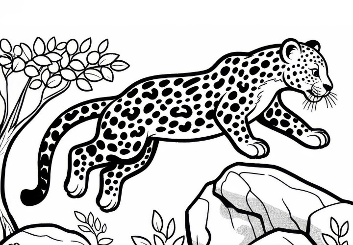 El leopardo salta sobre la roca: Plantilla para colorear para descargar (Gratis) El leopardo salta sobre la roca: Plantilla para colorear para descargar (Gratis)