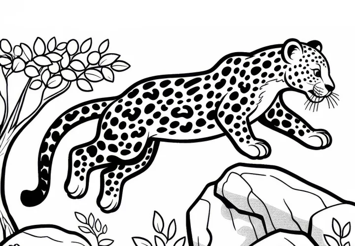 Леопард прыгает на скалу: раскраска для скачивания (бесплатно)