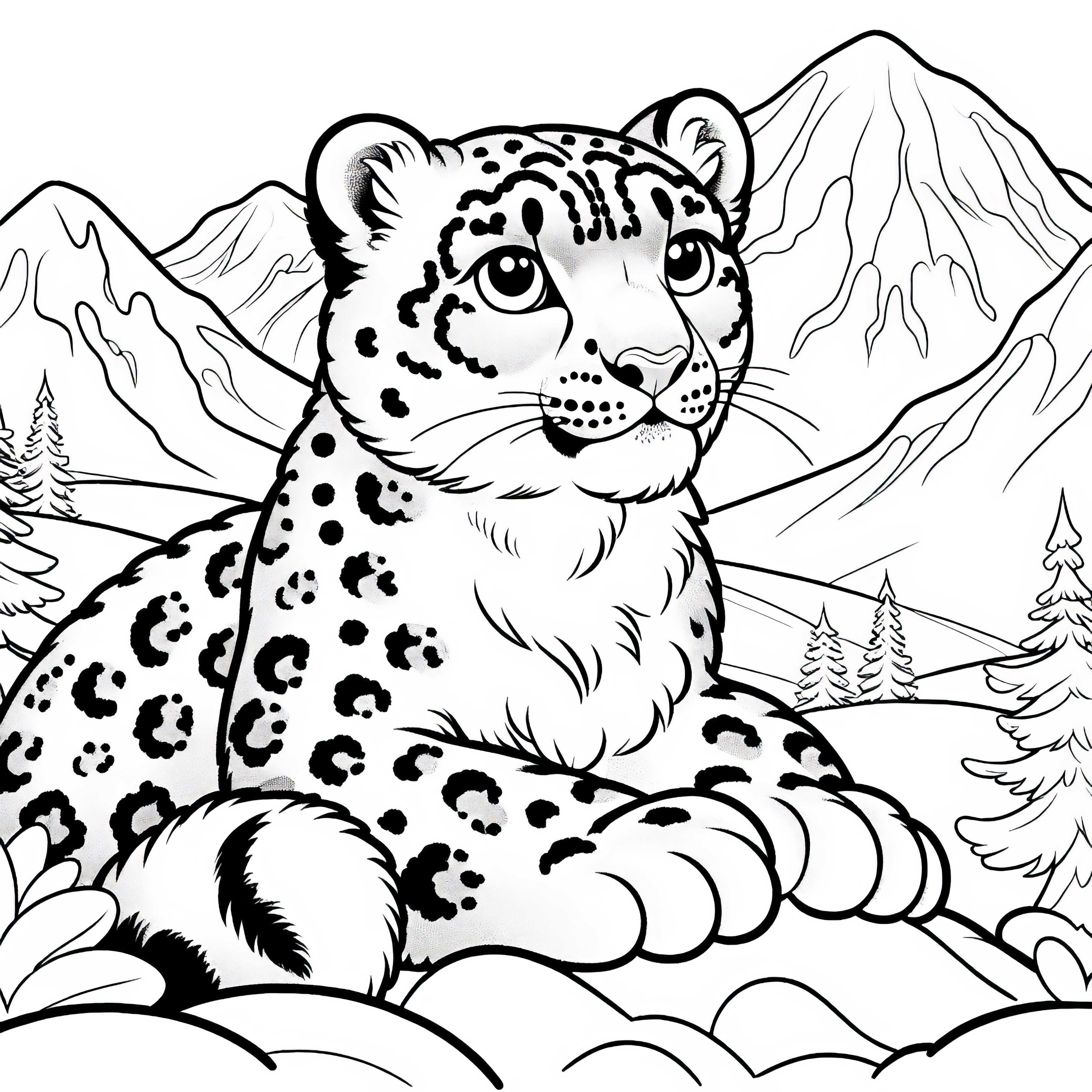 El leopardo de las nieves se sienta en la montaña: Plantilla para colorear para descargar (Gratis)