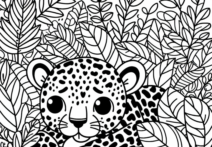 Leopardo se esconde en las hojas: Dibujo para colorear gratis El leopardo se esconde entre las hojas: Imagen para colorear gratis