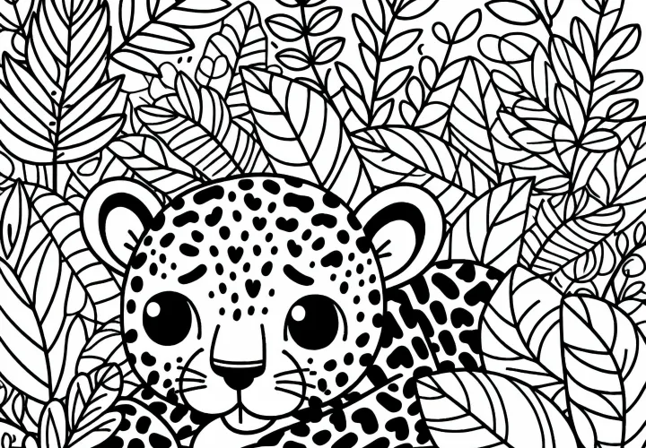 Леопард прячется в листве: Бесплатная раскраска