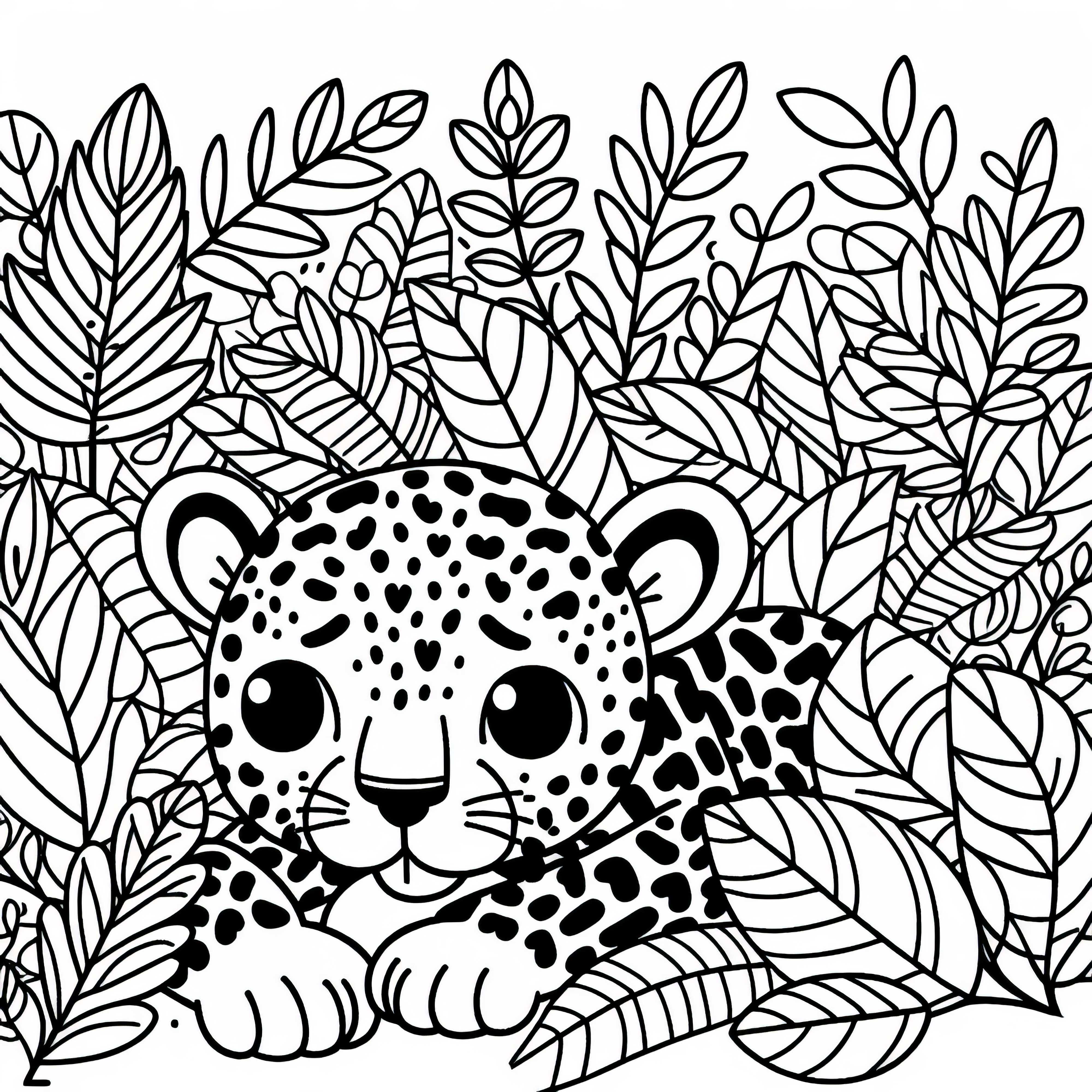 El leopardo se esconde en las hojas y asoma curiosamente – Dibujo para colorear gratis
