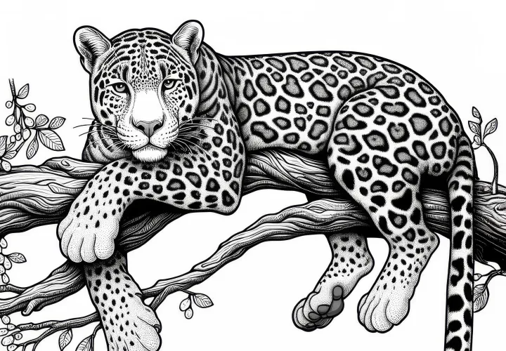 Леопард на ветке: подробная раскраска (бесплатно)