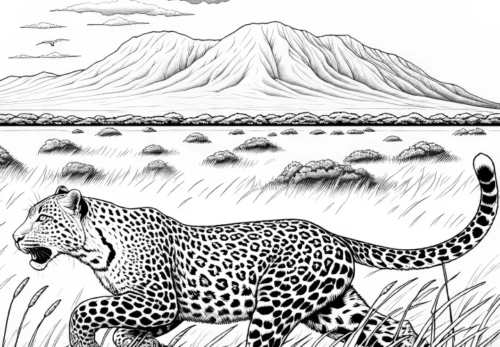 Леопард охотится по саванне: подробная раскраска (бесплатно)