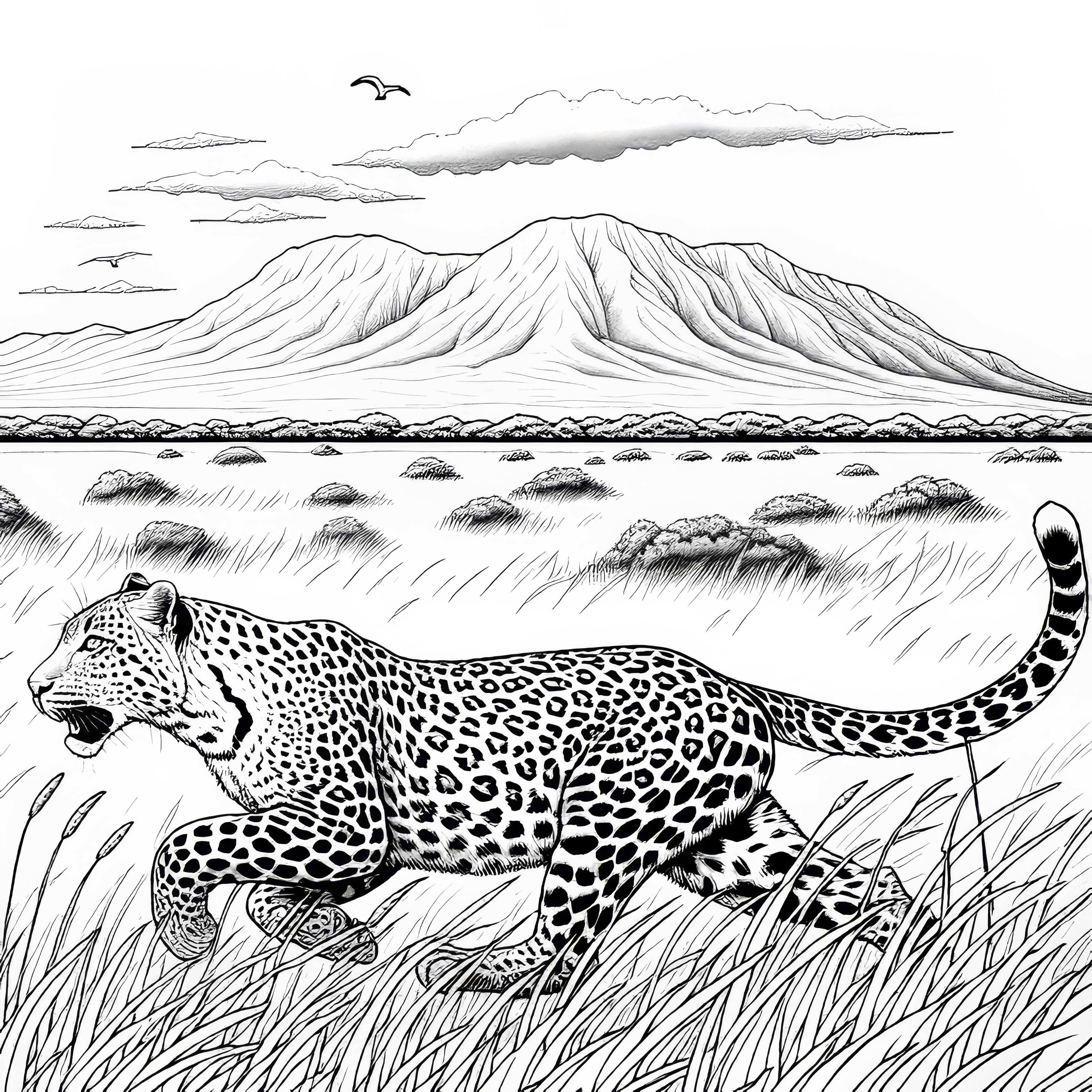 El leopardo caza a través de la sabana: Plantilla de colorear detallada (Gratis)