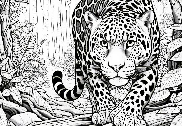 Леопард в джунглях выслеживает добычу: бесплатная раскраска