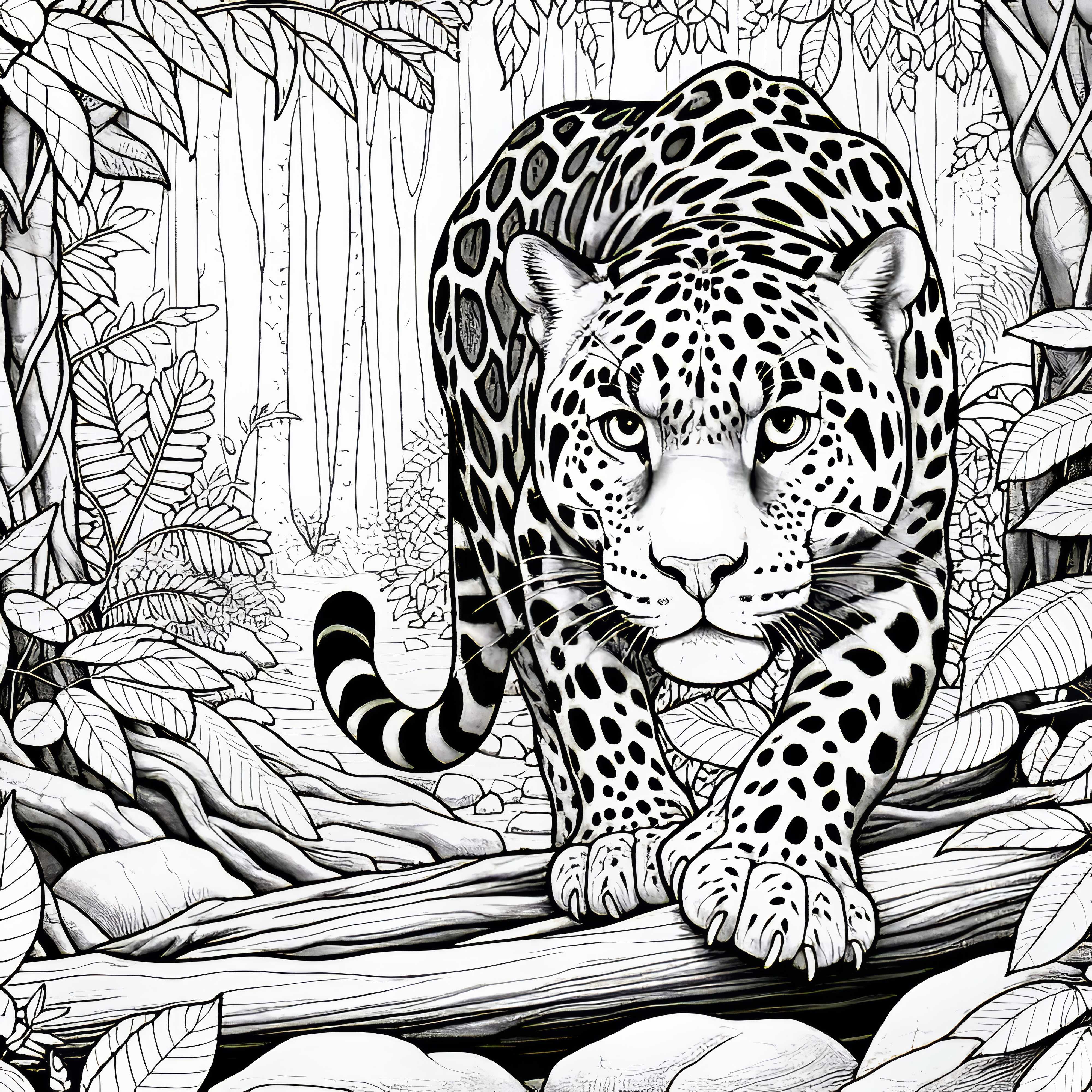 Leopardo en la jungla y acechando a su presa: Dibujo para colorear gratis