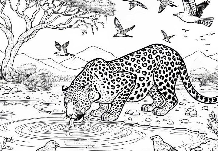 Leopardo bebiendo en el pozo de agua: Plantilla de colorear rica en detalles (Gratis) El leopardo bebe en un pozo de agua: Plantilla para colorear con muchos detalles (Gratis)