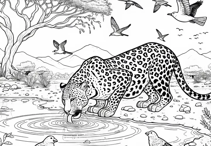 Лев крадет воду у водопоя: Подробная раскраска (Бесплатно)