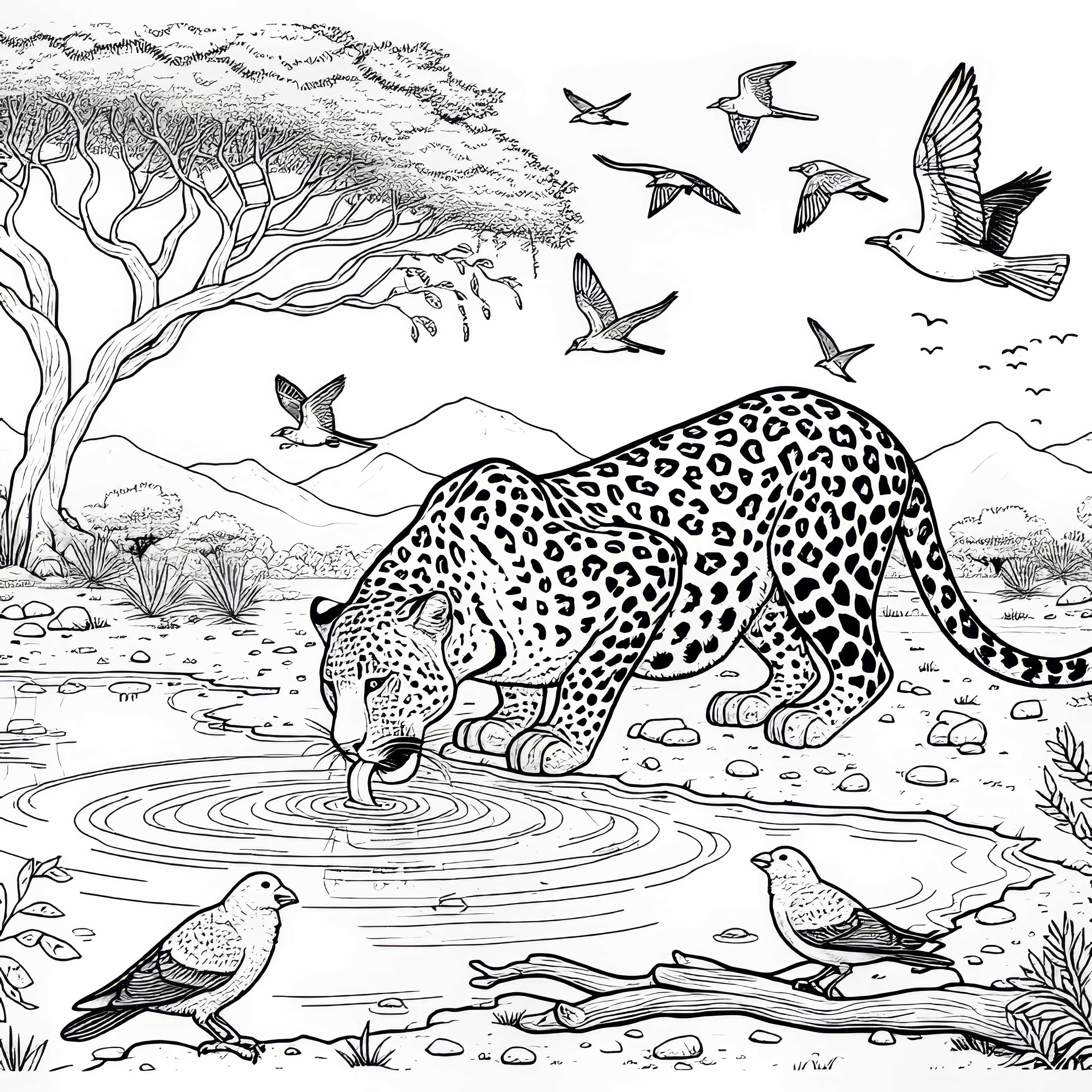 Leopardo bebiendo en un charco: Plantilla de dibujo detallada (Gratis)