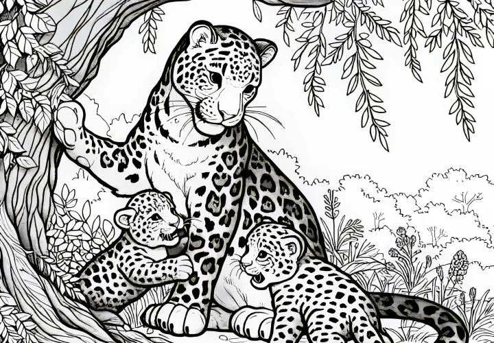 Леопардина с её детёнышами под деревом: Подробная раскраска (Бесплатно)