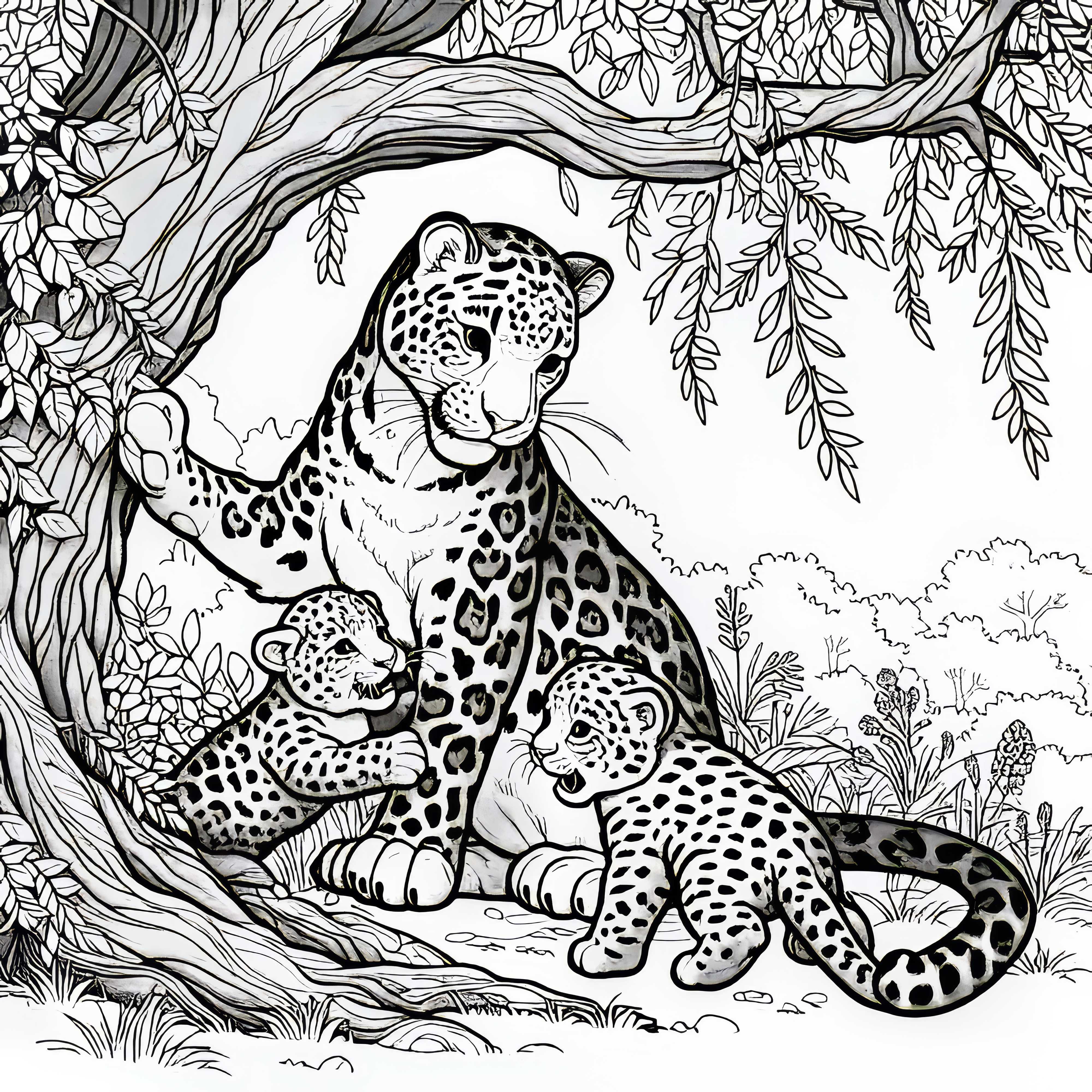 Leopardo con sus crías bajo un árbol: Plantilla para colorear detallada (Gratis)