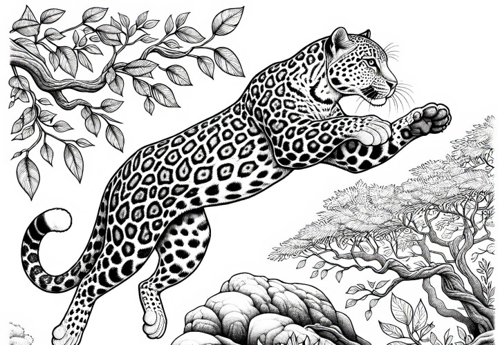 Leopardo en salto: plantilla para colorear para descargar (gratis) Leopardo en salto: Plantilla para descargar (Gratis)