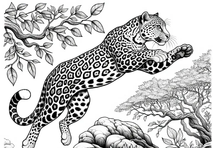 Леопард в прыжке: раскраска для скачивания (бесплатно)