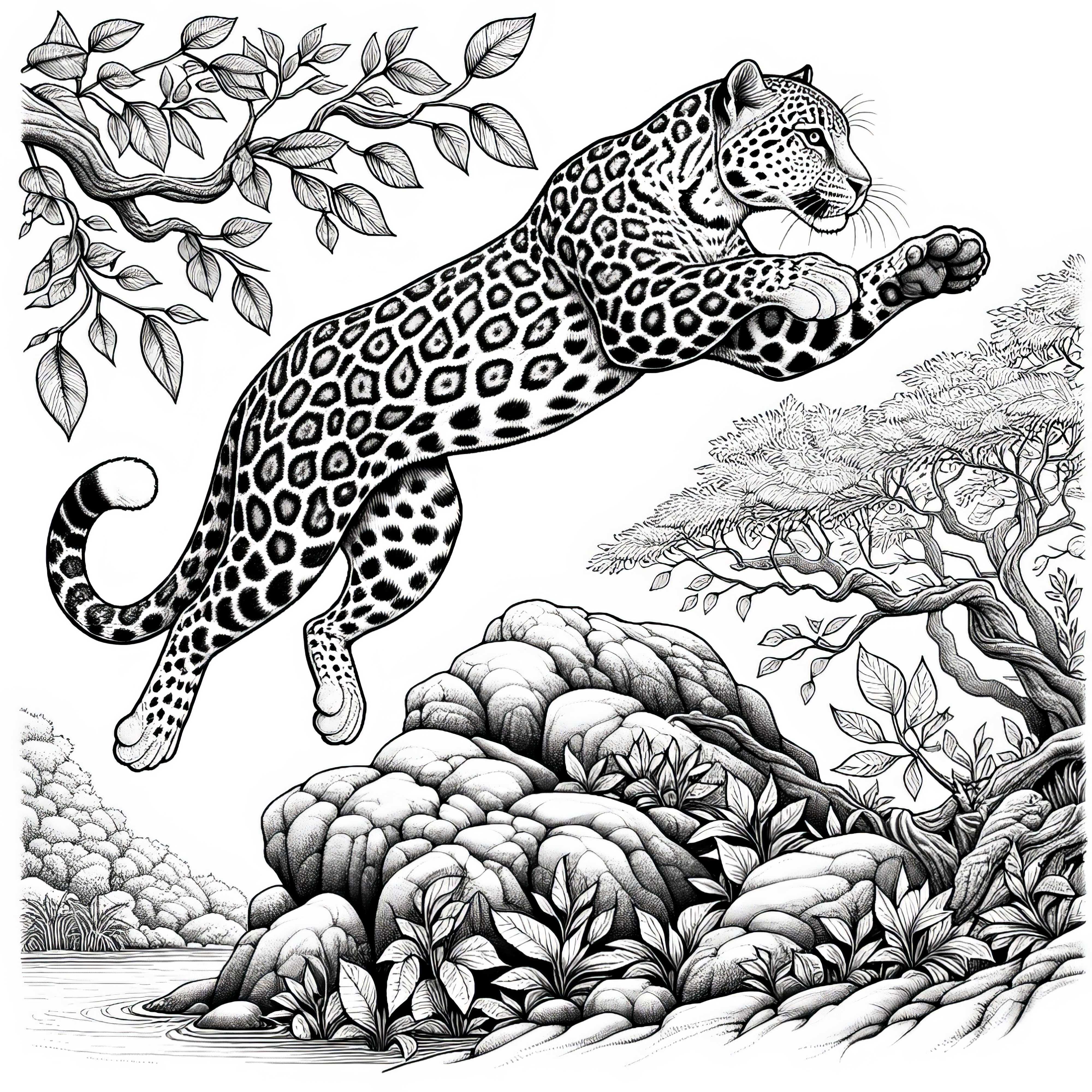 Leopardo en salto: Plantilla para colorear para descargar (Gratis)