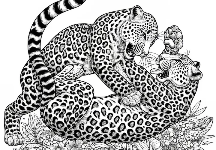 Два леопарда в бою: Раскраска для скачивания (Бесплатно)