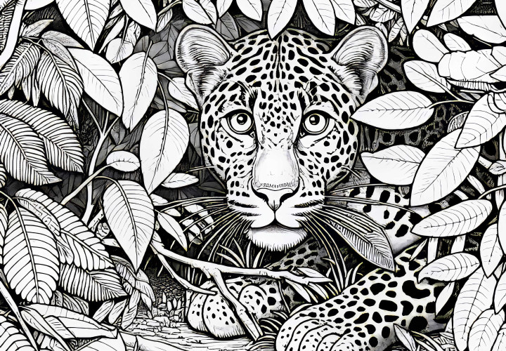 Leopardo en el follaje: Imagen para colorear para descargar (Gratis) Leopardo en las hojas: Imagen para colorear para descargar (Gratis)