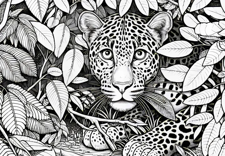 Леопард в листве: Раскраска для скачивания (Бесплатно)