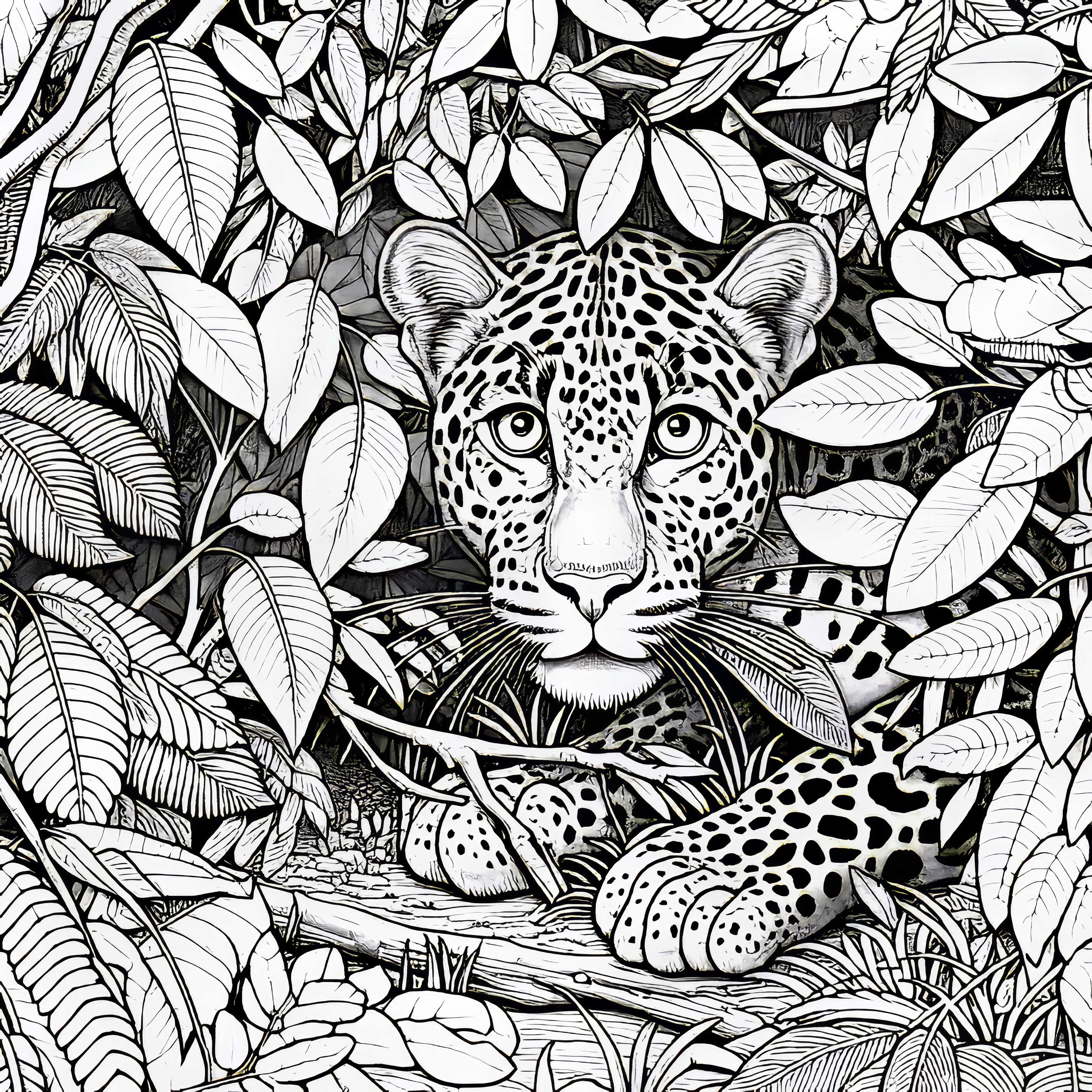 Leopardo en las hojas: Imagen para colorear para descargar (Gratis)