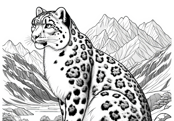 Leopardo de las nieves en la montaña: Imagen para colorear para descargar (Gratis) Leopardo de las nieves en la montaña: Dibujo para colorear para descargar (Gratis)