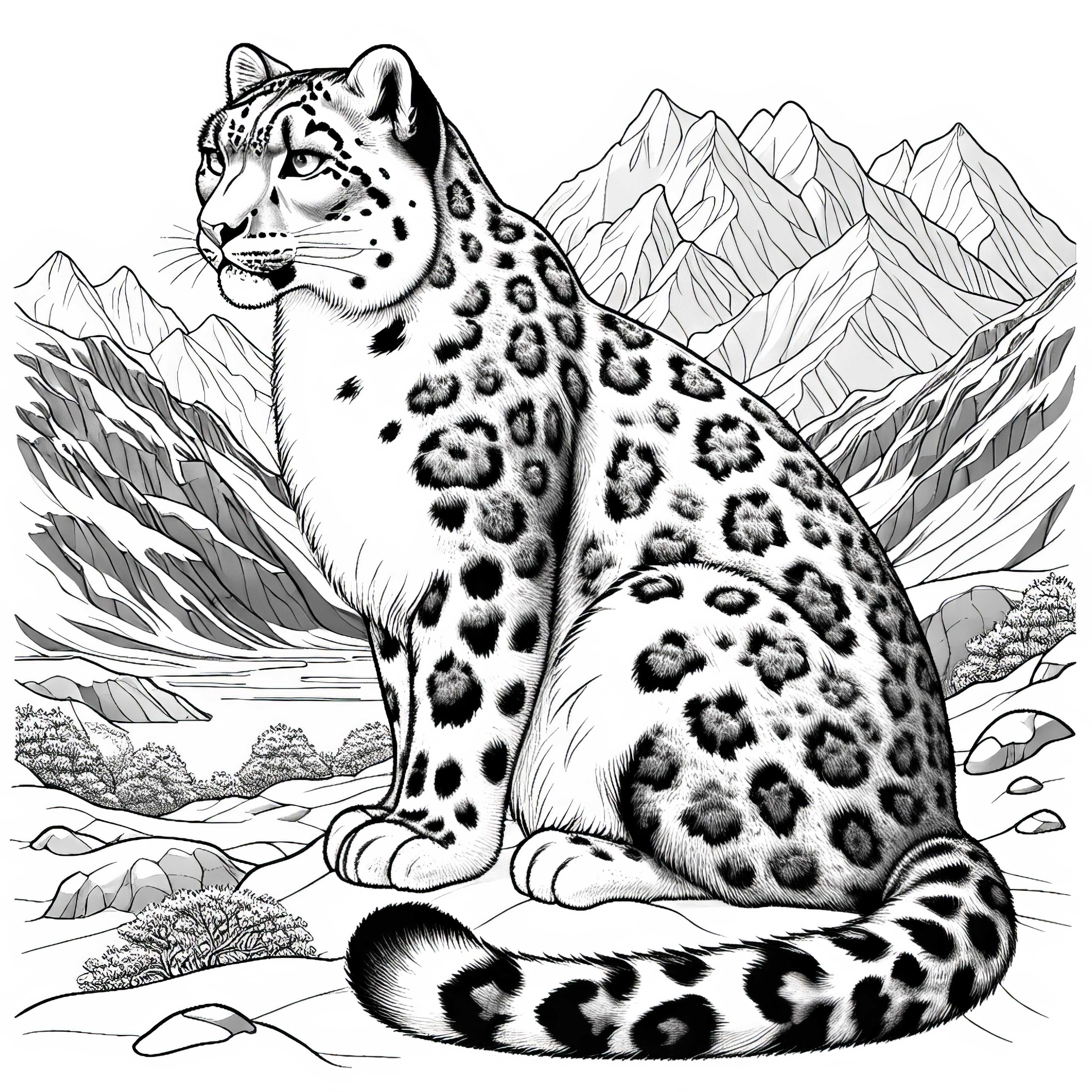 Leopardo de las nieves en la montaña: Imagen para colorear para descargar (Gratis)