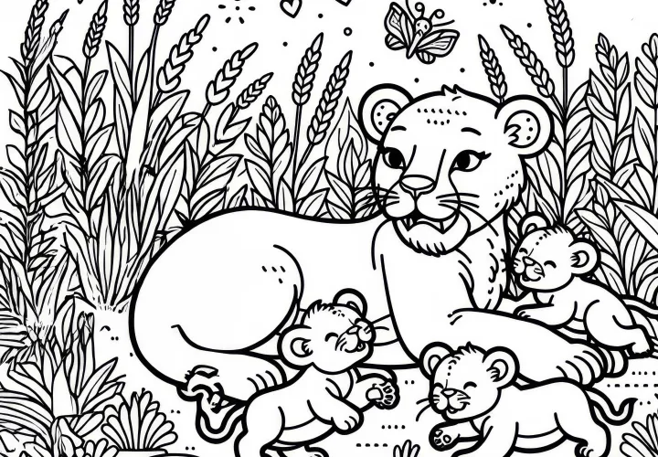 Oroszlán anya játszik a kölykeivel a fűben: Ingyenes színezőlap