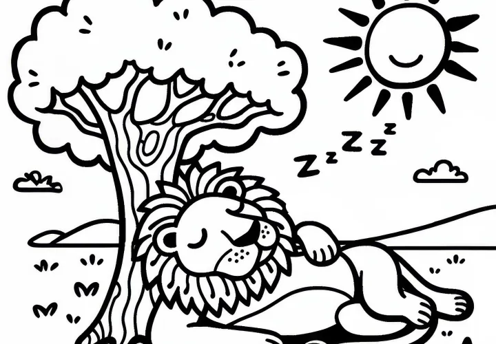 Oroszlán pihen a fa alatt: Egyszerű színezőlap (Ingyenes)