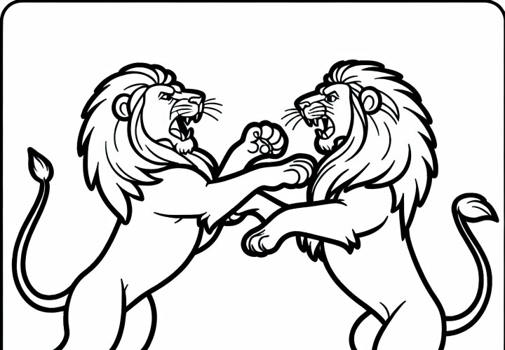 Due leoni in lotta: semplice disegno da colorare (gratuito) Due leoni in combattimento: Disegno da colorare semplice (Gratuito)