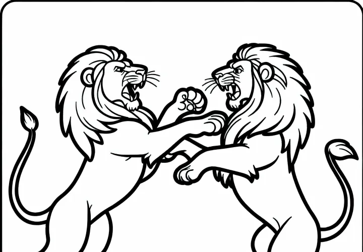 Két oroszlán harcban: Egyszerű színezőlap (Ingyenes)