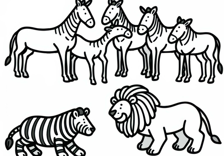 Leone e un gruppo di zebre: Disegno da colorare da scaricare (Gratis) Leone e un gruppo di zebre: Immagine da colorare da scaricare (Gratis)