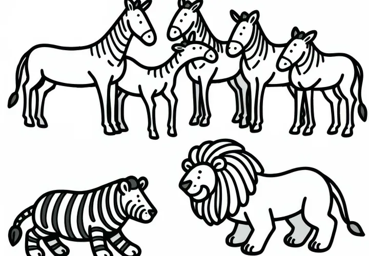 Oroszlán és egy csapat zebra: Színezőlap letöltéshez (Ingyen)
