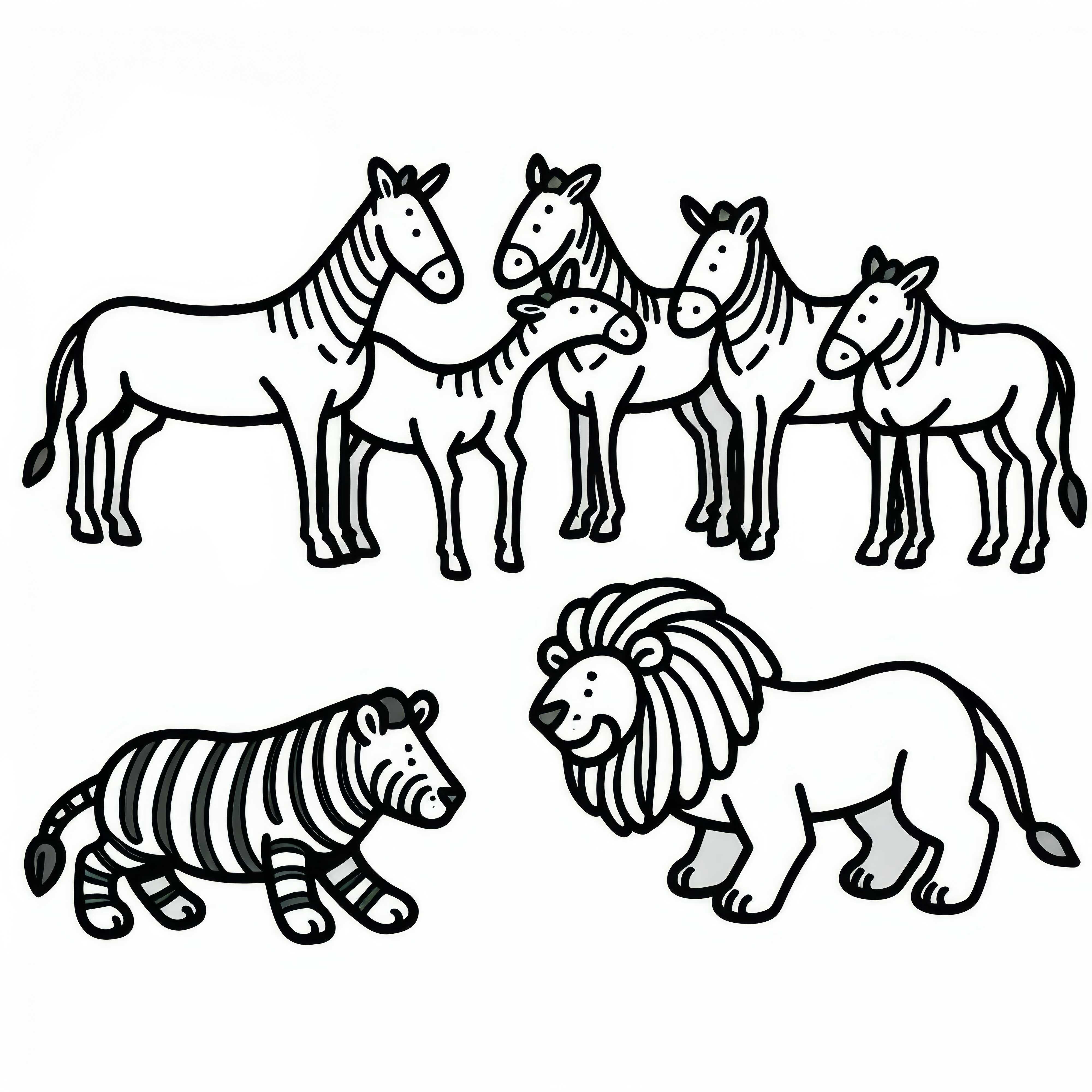 Leone e un gruppo di zebre: Disegno da colorare da scaricare (Gratis)