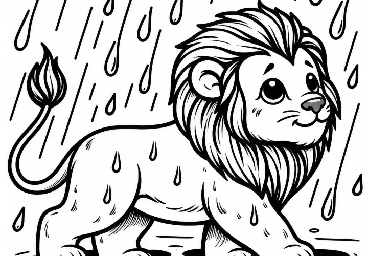 Oroszlán az esőben: Letölthető színező (Ingyenes)